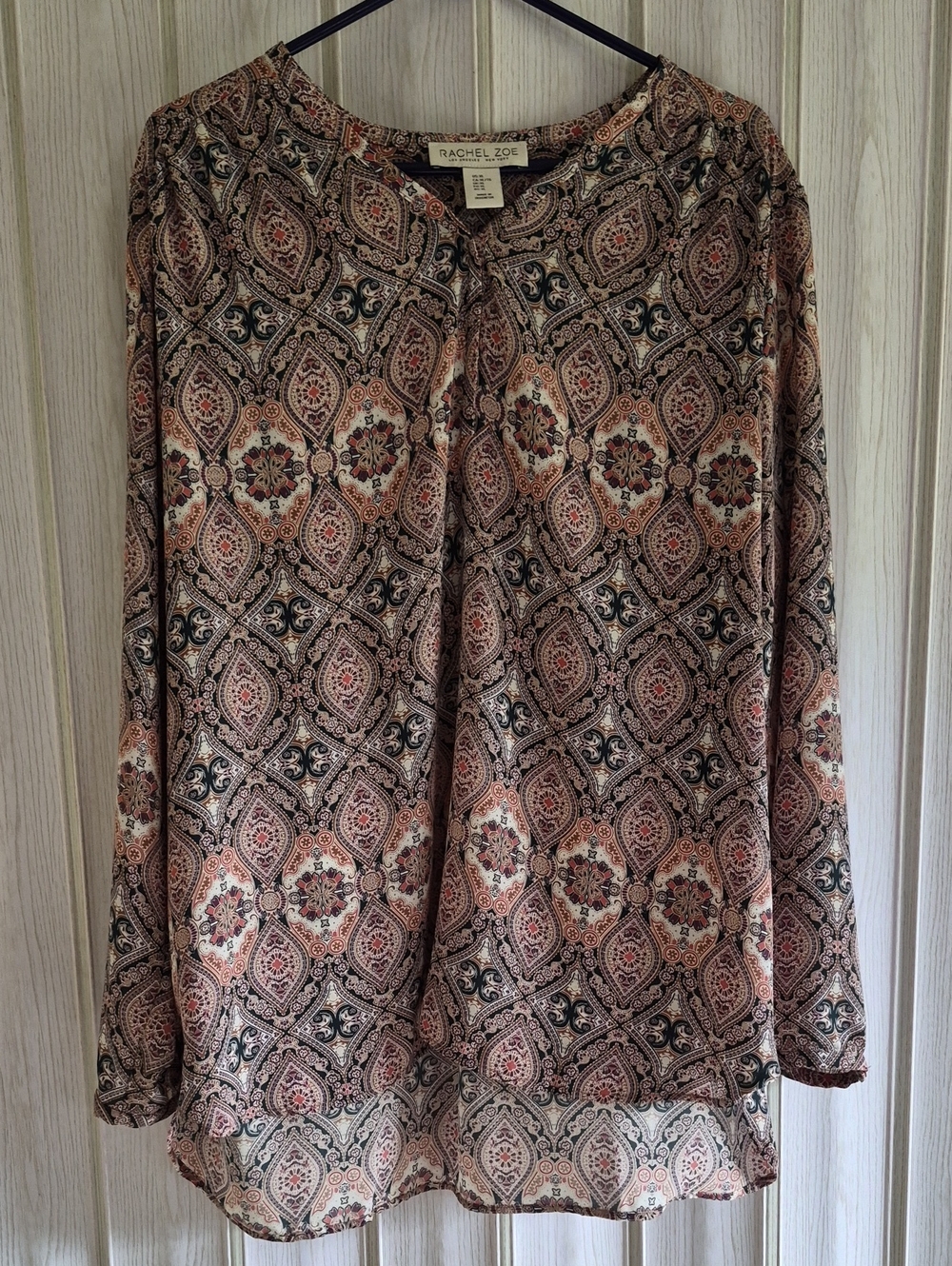 Rachel Zoe Beige Paisley Long-Sleeve Blouse with Black & Rust Accents